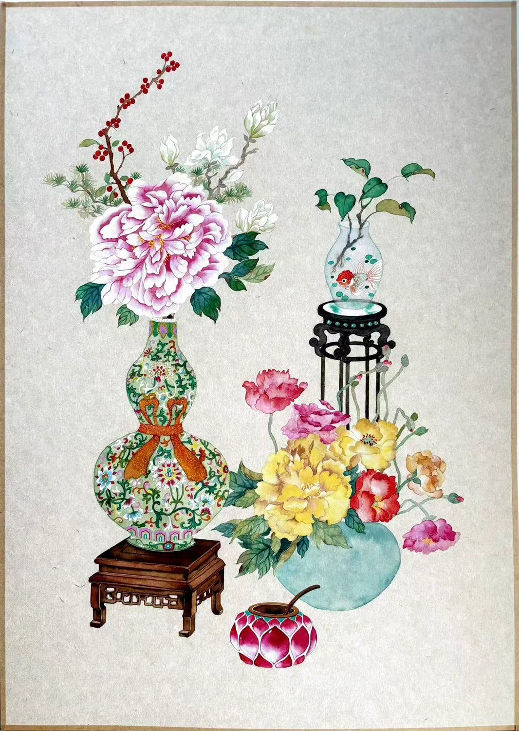 Peony & Floral Arrangement - Chinese Gongbi Painting