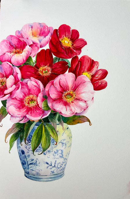 Flor carmesí en porcelana - Acuarela original