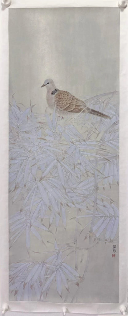 A traditional Chinese-style vertical painting depicting a small dove perched among delicate white bamboo leaves on a pale gray background.